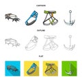 Hook, mountaineer harness, insurance and other equipment.Mountaineering set collection icons in cartoon,outline,flat