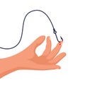 Hook stuck in finger. Man pierced his finger with a fishing hook. Blood wound Royalty Free Stock Photo