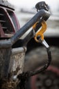 Hook of a winch on a dirty off road vehicle