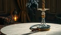 Hookah on Marble Table with Smoke Near Lantern, for Relaxation and Smoking Royalty Free Stock Photo