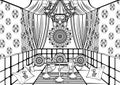 Hookah room ornate decorated in oriental style, black and white drawing, vector contour linear illustration, coloring, sketch, mon