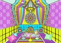 Hookah room ornate decorated in oriental style, cartoon drawing, vector illustration. Bright colorful room with sofa with pillows,