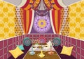 Hookah room ornate decorated in oriental style, flat drawing, vector illustration. Bright multicolor room with sofa with pillows,
