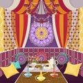 Hookah room ornate decorated in oriental style, flat drawing, vector illustration. Bright multicolor room with sofa with pillows,