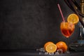 Hookah shisha, glass of cocktail, oranges and ice on dark gray background with copy space. Cocktail Aperol spritz. Hookah bar Royalty Free Stock Photo