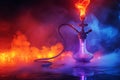 hookah shisha in smoke on bright background with colored neon light