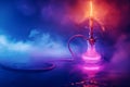 hookah shisha in smoke on bright background with neon light