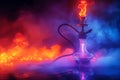 hookah shisha in smoke on dark background with neon light