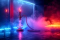 hookah in shisha smoke on red blue background with colored neon light in the bar room