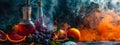 hookah in smoke with fruit. Selective focus. Royalty Free Stock Photo