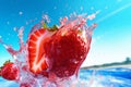 water background blue red freshness fresh splash strawberry food healthy fruit. Generative AI.