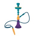 Hookah vector illustration. Cartoon blue hookah calabash with long pipe and purple glass bowl for water to smoke