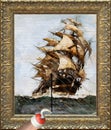 Hooked pirate hand tearing a painting apart, painting of a ship sailing during storm at sea