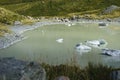Hooker Lake, small glacial lake.with icebergs and man swimming