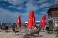 Hooksiel, Germany - August 21, 2020: Umbrellas at the beach of Hooksiel.