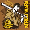 Hooligan with baseball bat. Ghetto Warriors. Gangster on dirty graffiti background. Royalty Free Stock Photo