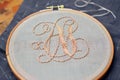 a hoop with a nearly finished embroidered monogram