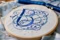 a hoop with a nearly finished embroidered monogram