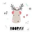 Hooray - Cute hand drawn nursery poster with cartoon deer with headphones and with hand drawn lettering Royalty Free Stock Photo