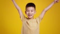 Hooray. Cute little asian boy raising hands up and shouting, enjoying great news or surprise, smiling to camera