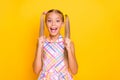 Hooray. Photo of funny crazy little lady schoolgirl raise fists celebrating hot summer holidays weather wear checkered