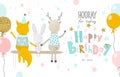 Hooray for today Happy Birthday to you. Greeting card with funny Fox, hare ,deer and balloons.Banner, poster Royalty Free Stock Photo