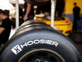 Hoosier race tire for car, racing wquipment in team workshop