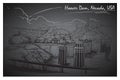 Hoover Dam stunning panoramic view. Black and white linear hand drawing. Sketch style.