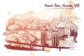 Hoover Dam stunning panoramic view. Linear hand drawing on a grunge spot ba. Sketch style.