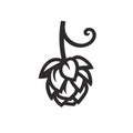 Hop cone icon. Design element for beer prodaction, brewery, pub and bar. Black and white vector illustration.