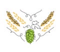 Hop herb and spikelets vector sketch. One continuous line art drawing illustration with hop and malt for beer or ale Royalty Free Stock Photo