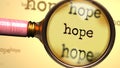 Hope - abstract concept and a magnifying glass enlarging English word Hope to symbolize studying, examining or searching for an