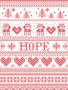 Hope Christmas vector pattern with Scandinavian Nordic festive winter pattern in cross stitch with heart, snowflake, xmas tree