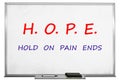 Hope concept with black marker on transparent wipe board. Hold On, Pain Ends.