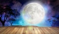 Full moon and trees close up, night sky , wood stage background Royalty Free Stock Photo