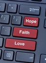 Hope Faith Love on computer keyboard