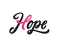 Hope handwriting lettering. Breast cancer survivor, inspiring quote. Pink ribbon symbol. Women health awareness