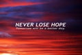 Hope inspirational quote - Never lose hope. Tomorrow will be a better day. Motivational text message in the sky at sunset.