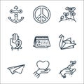 Hope line icons. linear set. quality vector line set such as hand, love, paper plane, origami, calendar, ribbon, plant, peace Royalty Free Stock Photo