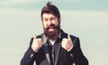 Hopeful and confident about future. Thumbs up gesture. Man bearded optimistic businessman wear formal suit sky Royalty Free Stock Photo