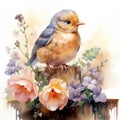 Hopeful Watercolor Chick Perched on Fence Surrounded by Fragrant Blooms AI Generated