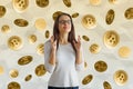 Hopeful woman with bitcoins Royalty Free Stock Photo