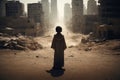 Desperate Glance, Child Surrounded by Abandoned Middle Eastern Cities, AI Generated