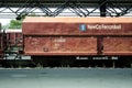 Hopper car wagon full of nickel mineral in a cargo freight train with the logo of Ferronikeli, the main nickel producer of Kosovo