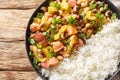 Hoppin John of black-eyed peas, bacon, sausages, vegetables and scallions with rice closeup on the plate. Horizontal top view Royalty Free Stock Photo