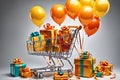 hopping cart brimming with an array of gifts, each wrapped in glossy paper adorned with ribbons, tempting surprises