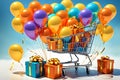 hopping cart brimming with an array of gifts, each wrapped in glossy paper adorned with ribbons, tempting surprises