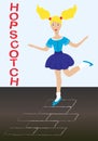 Hopscotch game. Textile print. Cute girls vector. Cute little girl playing hopscotch. Cartoon child vector illustration Royalty Free Stock Photo
