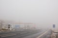 Hora Svateho Sebestiana, Czech republic - November 25, 2018: filling station Shell and road number 7 in winter foggy Ore mountains