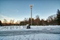 Hora Svateho Sebestiana, Czechia - February 13, 2022: snowy parking place with black car Opel Astra H in winter